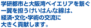 学研都市と大阪湾ベイエリアを繋ぐ一翼を担うけいはんな線。経済・文化・学術の交流に大きく貢献します。